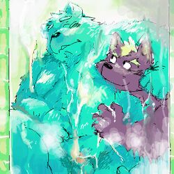 1:1 2008 anthro balls bathing black_nose blue_body blue_fur blush canid canine closed_eyes digital_media_(artwork) duo fur genitals hug kemono low_res male male/male mammal nekomarudon oekaki overweight overweight_male penis tanukimaru ursid