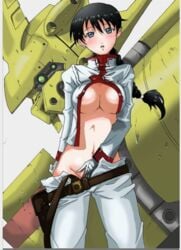 black_hair blue_eyes breasts broken_blade cleavage cleo_saburafu covering covering_nipples female fringe_hair large_breasts long_hair looking_at_viewer masturbation navel robot solo undressing