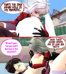 3d cattleya cerberus_(helltaker) cocusan925 cum_in_pussy cum_inside female futa_on_female futa_with_female futanari helltaker huge_balls huge_breasts huge_cock milking