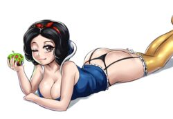 1girls apple ass bare_shoulders black_hair blush breasts brown_eyes cleavage come_hither disney disney_princess female female_only food fruit garter_straps hairband holding_apple large_breasts leonart looking_at_viewer lying naughty_face on_stomach pinup poison_apple princess royalty shiny shiny_hair shiny_skin short_hair smile snow_white_(disney) snow_white_and_the_seven_dwarfs solo thighhighs thighs thong tongue tongue_out