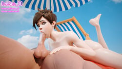 1boy 1girls 3d ass ass_up beach big_penis blizzard_entertainment blowjob brown_eyes brown_hair completely_nude deesee3d feet feet_up fellatio female huge_cock light-skinned_male light_skin male oral orange_nails overwatch pale-skinned_female pale_skin smaller_female straight tracer wet wet_skin white_skin