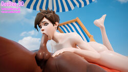 1boy 1girls 3d ass ass_up beach big_penis blizzard_entertainment blowjob brown_eyes brown_hair completely_nude dark-skinned_male dark_skin deesee3d feet_up huge_cock interracial orange_nails overwatch smaller_female straight tracer wet wet_skin white_skin