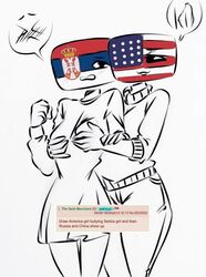 2girls :3 american_flag blush clothed clothing countryhumans countryhumans_girl duo embarrassed female female_only flag flawsy flustered from_behind fully_clothed groping humanoid humanoidized monochrome personification serbia serbia_(countryhumans) serbian_flag sexual_harassment sketch smug squished_breasts standing united_states_of_america united_states_of_america_(countryhumans)