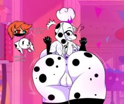 101_dalmatian_street 101_dalmatians anthro ass big_breasts big_butt breasts camilla_(101_dalmatians) canid canine canis crown dalmatian disney dolly_(101_dalmatians) domestic_dog duo female genitals kajizy male mammal pussy solo transformation