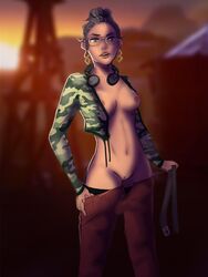 breasts camouflage curly_hair dbd dead_by_daylight earrings female female_only front_view furrygothgf glasses hair_bun headphones holding_belt looking_at_viewer nipples pulling_down_pants pussy sole_female undressing zarina_kassir