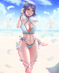 1girls 2boys beach big_breasts bikini blue_hair breasts cleavage cutout eyeshadow flower hair_ornament konan large_breasts looking_at_viewer makeup mcdobo nagato nail_polish naruto naruto_(series) naruto_shippuden navel_piercing ocean orange_eyes orange_hair paper piercing posing red_hair running sand side_bun smile swimsuit swimwear tied_hair water wide_hips yahiko