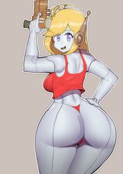 1girls ass big_ass blonde_hair breasts cave_story cleavage clothing curly_brace curvy doublehero female female_only grey_body hair hair_ornament hand_on_hip headgear huge_ass large_breasts metal midriff open_smile partially_clothed purple_eyes red_clothing red_tank_top red_thong robot robot_girl sideboob smile solo solo_female tank_top thong thunder_thighs weapon