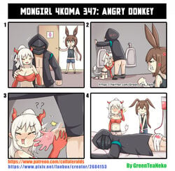 1boy 2girls 4koma ^_^ absurdres amiya_(arknights) anger_vein animal_ears arknights arm_around_shoulder bandages blood blood_bag blue_eyes blush breasts brown_hair bunny_ears cleavage closed_eyes comedy doctor_(arknights) fellatio funny greenteaneko highres horns humor jacket kneeling large_breasts mongirl_4koma multiple_girls navel nian_(arknights) open_mouth oral page_347 penis penis_slapping_face ponytail short_shorts shorts slapping slapping_with_penis smile straight tail tank_top tears turn_pale urinal white_hair