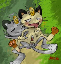 alolan_meowth anal anal_sex anthro anus balls blue_body blue_fur blush bodily_fluids comic cum cum_in_ass cum_inside cum_string detailed_background dialogue duo ejaculation felid feline forest from_behind_position fur genital_fluids genitals grass grey_body grey_fur hand_lick holding_leg kazoko_(artist) lying male male/male male_penetrated male_penetrating male_penetrating_male mammal meowth multicolored_body multicolored_fur nintendo on_back on_ground on_lap onomatopoeia outside pawpads paws penetration penile_spines penis pink_penis pokémon_(species) pokemon red_penis regional_form_(pokémon) sex sitting sitting_on_lap smile sound_effects tan_body tan_fur text tongue tongue_out tree two_tone_body two_tone_fur video_games