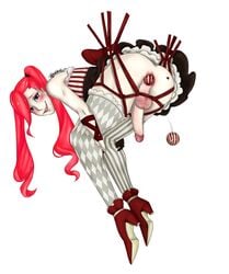 1boy androgynous ass_focus balls blush bondage crossdressing demonbab_y dress femboy frills grinning high_heels joka_kobayashi(demonbab_y) male_only no_panties oc original_character penis purple_eyes red_hair rope rope_bondage shark_teeth sharp_teeth shibari simple_background stockings twintails