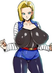 1girls akikusa_peperon alternate_version_available android_18 blonde_hair blue_eyes cameltoe cleavage curvy dragon_ball erect_nipples female gigantic_breasts huge_areolae huge_ass puffy_nipples short_hair thick_lips voluptuous wide_hips