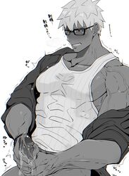 1boy alternate_costume archer bara blush bottomless_male breath chest cum cum_drip cum_on_hands cum_on_penis cumshot ejaculation erection fate/grand_order fate_(series) glasses highres jacking_off jerking jerkingoff kuro_(shiranui) male_focus male_masturbation male_only masturbation muscle muscular_male orgasm_face pectorals penile_masturbation penis short_hair solo solo_male stroking stroking_cock stroking_penis summer_casual_(fate/grand_order) sweat tank_top two_handed_masturbation two_handed_stroking uncensored white_hair