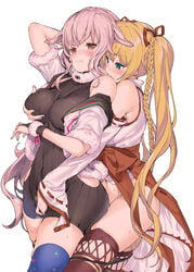 .live 2girls animal_ears aqua_eyes arm_behind_head arm_up bangs bare_shoulders black_gloves black_panties black_sweater blonde_hair blue_legwear blush bow braid breast_grab breasts bridal_gauntlets brown_eyes brown_legwear closed_mouth clothing commentary covered_navel cowboy_shot cropped_jacket detached_sleeves dress eyebrows_visible_through_hair fingering fingering_through_clothes fingernails fur-trimmed_gloves fur-trimmed_jacket fur-trimmed_sleeves fur_collar fur_trim gloves grabbing grabbing_from_behind hair_ribbon hakama jacket japanese_clothes kongou_iroha large_breasts long_fingernails long_hair long_sleeves looking_at_another looking_away mokota_mememe multiple_girls mutsutake navel nontraditional_miko nose_blush off_shoulder open_clothes open_jacket panties panty_pull pink_hair print_legwear pussy_juice red_bow red_hakama red_ribbon ribbed_sweater ribbon sheep_ears shirt short_sleeves sidelocks simple_background skindentation sleeveless sleeveless_shirt sleeveless_sweater smile sparkle_print standing sweat sweater sweater_dress symbol_commentary thick_eyebrows thighhighs through_clothes twintails underwear very_long_hair virtual_youtuber wavy_mouth white_background white_jacket white_shirt wide_sleeves yuri