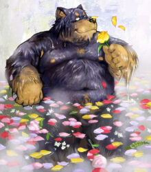2006 anthro balls barely_visible_genitalia barely_visible_penis belly canid canine canis domestic_dog flower genitals kemono male male_only mammal moobs nekomarudon nipples overweight overweight_anthro overweight_male penis plant solo tanukimaru water