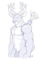 2020 alpha_male anthro antlers arrow biceps cervid digital_media_(artwork) dissimulated ear_piercing eyebrows featureless_chest flaccid fur genitals greyscale hi_res horn looking_at_viewer male male_only mammal monochrome muscular muscular_anthro muscular_male nude pecs penis piercing quiver simple_background solo spots spotted_body spotted_fur white_background