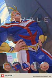 1boy all_might antenna_hair bara blonde_hair blue_eyes bulge cerberus_arts chest covered_abs covered_navel covered_nipples grin hair_slicked_back hands_on_hips highres male_focus male_only muscle my_hero_academia patreon_logo pectorals sample smile solo superhero thighs toshinori_yagi upper_body