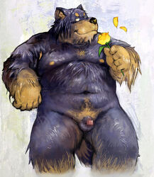 2006 anthro balls belly canid canine canis censored domestic_dog flower genitals kemono male male_only mammal moobs nekomarudon nipples overweight overweight_anthro overweight_male penis plant solo tanukimaru