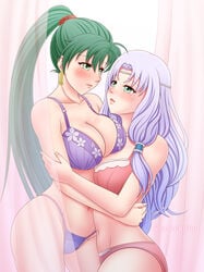 2girls amezuku blush female_only fire_emblem fire_emblem:_the_blazing_blade florina_(fire_emblem) green_eyes green_hair hug hugging large_breasts lingerie long_hair lyn_(fire_emblem) multiple_girls nintendo pink_lingerie ponytail purple_hair purple_lingerie see-through thighs underwear wide_hips yuri