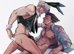 blush bunny_ears bunnysuit censor_bar censored gay gyakuten_saiban male_focus male_only miles_edgeworth muscular_male naruhodou_ryuuichi narumistu saliva winnie86213 wrightworth yaoi