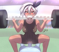 barbell bea_(pokemon) bodysuit crotchless faceless_male machop pokemon pokemon_ss pokephilia thepsychodog vaginal_penetration weightlifting weights