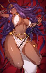 1girls animal_ears big_breasts blunt_bangs breasts cleavage dark-skinned_female dark_skin egyptian fate/grand_order fate_(series) female headdress large_breasts long_hair looking_at_viewer neck_ring nitocris_(fate/grand_order) purple_eyes purple_hair red_background solo spider_apple stomach thick_thighs