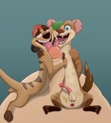 3boys absurd_res anus blue_sky_studios buck_(ice_age) disney erection fellatio feral gaping gaping_anus gay group hi_res human human_on_feral humanoid ice_age_(series) ice_age_dawn_of_the_dinosaurs interspecies licking looking_at_viewer magzol male male/male male_only mammal oral penile sex size_difference smile smiling_at_viewer the_lion_king timon tongue tongue_out yaoi zoophilia