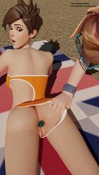 2girls 3d :o anal anal_insertion anal_object_insertion ass assisted_exposure beach brown_eyes brown_hair buttplug buttplug_exposed female female_only human jewel_buttplug large_ass lifeguard_tracer looking_back no_panties one_piece_swimsuit open_mouth outdoors outside overwatch pussy sex_toy shaved_pussy short_hair sunglasses sunglasses_on_head surprised swimsuit swimsuit_aside swimsuit_pull thefastestgman tracer union_jack vagina