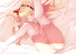 anthro anus azur_lane blonde_hair closed_eyes condom cum cum_drip cum_in_ass legs_up nude pussy queen_elizabeth_(azur_lane) suwakana thighhighs