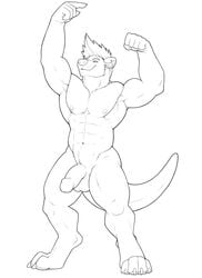 abs alpha_male anthro balls biceps blaze_dotter claws dissimulated ear_piercing eyebrows fist fur genitals gesture glans hair half-closed_eyes half-erect humanoid_genitalia humanoid_penis industrial_piercing line_art lutrine male male_only mammal monochrome muscular muscular_anthro muscular_male mustelid narrowed_eyes navel nipples pecs penis piercing pointing simple_background smile solo standing white_background