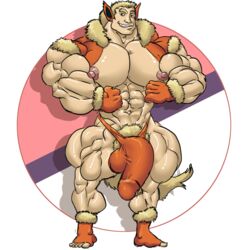 1boy abs barely_clothed big_muscles big_penis big_thighs bodybuilder eeveelution flareon fur furry huge_pecs huge_penis humanized hybrid male_only muk100 muscular muscular_male pokemon tagme