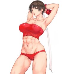 1girls abs arms_up bandeau breasts brown_hair capcom female headband looking_at_viewer mikanman nipple_bulge nipples nipples_visible_through_clothing sakura_kasugano short_hair street_fighter tagme tank_top tomboy tubetop very_short_hair