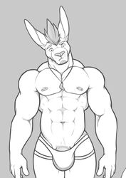 abs anthro beard biceps bulge clothed clothing dissimulated ear_piercing eyebrows facial_hair fur genitals grey_background hair kangaroo line_art looking_at_viewer macropod male male_only mammal marsupial monochrome muscular muscular_anthro muscular_male navel nipple_piercing nipples penis penis_base piercing raised_eyebrow seff_(dissimulated) simple_background solo standing topless underwear