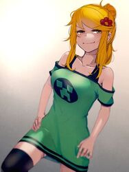 1girls adult at2. bare_shoulders blonde_hair breasts clothed_female commission creeper creeper_(minecraft) creeper_girl cupa female female_only female_solo green_shirt hands_on_hips hips humanoid looking_at_another looking_at_viewer minecraft mob_talker monster_girl no_nipples no_nipples_visible no_panties no_penis no_sex no_visible_genitalia no_visible_nipples orange_eyes orange_hair safe safe_for_work smile smug smug_grin smug_smile solo solo_female stockings thighs yellow_eyes