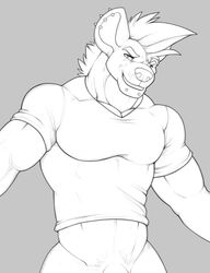 abs alpha_male anthro biceps bottomless clothed clothing dissimulated ear_piercing eye_scar eyebrows genitals grey_background grin hair hyaenid looking_at_viewer male male_only mammal monochrome penis penis_base piercing scar shirt simple_background skimpy smile solo t-shirt topwear trystan_(dissimulated)