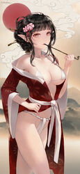 background black_hair chowbie clothed female fundoshi hair_ornament kemono kiseru long_ears looking_at_viewer medium_breasts medium_hair mountain original_character pipe red_eyes smoke smoking white_bra