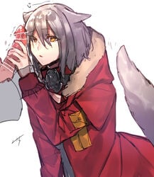 alternate_eye_color animal_ears arknights female grabbing_penis grey_hair handjob miyoichi_(tjuc8378) projekt_red_(arknights) stroking_penis tail wolf_ears wolf_tail