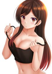 arms_up bangs bare_shoulders black_crop_top blush breasts brown_eyes brown_hair cleavage closed_mouth crop_top female kanojo_okarishimasu kazenokaze large_breasts looking_at_viewer mizuhara_chizuru navel solo strap_slip upper_body very_long_hair