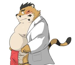 2020 anthro asian_clothing balls belly blush bodily_fluids bulge clothed clothing east_asian_clothing erection felid fundoshi genital_fluids genitals hi_res hon55728 japanese_clothing kemono male male_only mammal moobs nipples open_clothing open_shirt open_topwear overweight overweight_anthro overweight_male pantherine penis precum shirt simple_background solo tiger topwear underwear white_background