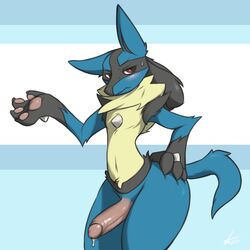 1:1 1boy 2020 annoyed anthro ass big_butt big_penis black_body black_fur blue_body blue_fur blush bodily_fluids cynicalstarr erection fur genitals hi_res lucario male male_only nintendo pattern_background pawpads penis pink_pawpads pokemon pokemon_(species) portrait precum_drip signature simple_background small_waist solo striped_background sweat sweatdrop thick_thighs three-quarter_portrait video_games wide_hips yellow_body yellow_fur