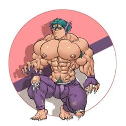 1boy abs bara barely_clothed big_muscles bodybuilder bulge chest clothed clothed_male gloves huge_pecs huge_penis huge_thighs humanized male male_only muk100 muscles muscular muscular_male nidoran nidoran♂ pokemon solo_male