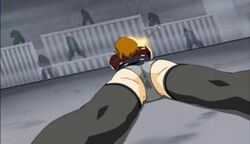 1girls ass ass_focus gun laser laying_down laying_on_stomach leotard najica_blitz_tactics najica_hiiragi thighhighs