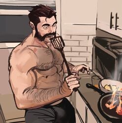 1boy abs beard body_hair chest chest_hair cooking dopq facial_hair fire frying_pan highres jang_ju_hyeon league_of_legends malcolm_graves male male_focus male_only manly muscular_male nipples pectorals shirtless simple_background sketch solo surprised yy6242