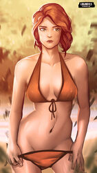 1girls abs bikini bikini_pull blue_eyes breasts contrapposto control eyeshadow female front-tie_bikini ginger green_eyes human jesse_faden loginovls medium_breasts milf navel orange_hair pale_skin ponytail red_hair slim solo standing swimsuit swimwear