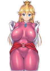 1girls big_breasts bodysuit clothed_female female female_focus female_only long_hair mario_(series) nagase_haruhito nintendo nipples nipples_visible_through_clothing pink_bodysuit princess_peach simple_background skin_tight solo solo_female solo_focus standing tight_clothing white_background