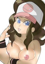 1girls areolae big_breasts blue_eyes brown_hair doublehero hat hilda_(pokemon) large_breasts lips long_hair nintendo nipples pale-skinned_female pale_skin pokemon pokemon_bw ponytail white_background