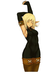 1girls armpits belly bodysuit boots closed_eyes clothed cra evangelyne female female_only jpeg pointy_ears sideboob slq solo wakfu white_background