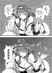 1boy 1girls admiral_(kantai_collection) all_fours arm_grab assertive_female bacius big_breasts breasts busty cleavage condom condom_rejection constricted_pupils crazy_eyes evil_grin evil_smile femdom funny grin highres humor i'm_gonna_make_you_a_father imminent_rape imminent_sex japanese_text kantai_collection kongou_(kantai_collection) large_breasts long_hair looking_down meme monochrome naughty_face panties shaded_face smile sweat underwear unseen_male_face yandere you_gonna_get_raped