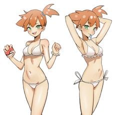 1girls already_uploaded armpits arms_up asymmetrical_hair bikini bikini_top blush breasts female female_only green_eyes high_resolution kasumi_(pokemon) kiritzugu looking_at_viewer medium_breasts nintendo no_nose poke_ball pokemon pokemon_rgby ponytail side_ponytail solo swimsuit tied_hair tummy very_high_resolution white_background white_bikini white_swimsuit wide_hips