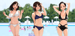 3girls bag big_breasts black_hair black_swimsuit blue_swimsuit blush brown_eyes brown_hair douki-chan's_boss_(yomu_(sgt_epper)) douki-chan's_rival_(yomu_(sgt_epper)) douki-chan_(yomu_(sgt_epper)) embarrassed flower_in_hair ganbare_douki-chan hairband hands_on_head heart highres jumping looking_at_viewer mole mole_on_breast mole_under_breasts navel open_smile pool short_hair small_breasts smile swimsuit thighs wet white_swimsuit yomu_(sgt_epper)