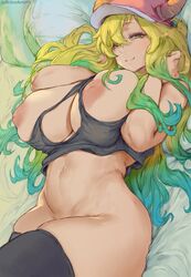 1girls areolae armpits artist_name ass bangs bare_breasts bare_shoulders baseball_cap bed_sheet blonde blonde_hair breasts cutesexyrobutts denim denim_shorts dragon_girl dragon_horns erect_nipples erect_nipples_under_clothes eyebrows_visible_through_hair eyelashes female gradient gradient_background green_eyes green_hair hat high_resolution horns huge_breasts inverted_nipples licking long_hair loose_clothes lucoa male miss_kobayashi's_dragon_maid monster_girl nipples nopan nude one_eye_closed paipan quetzalcoatl_(dragon_maid) short_shorts shorts skindentation solo_focus sweat tank_top thighhighs thighs very_high_resolution